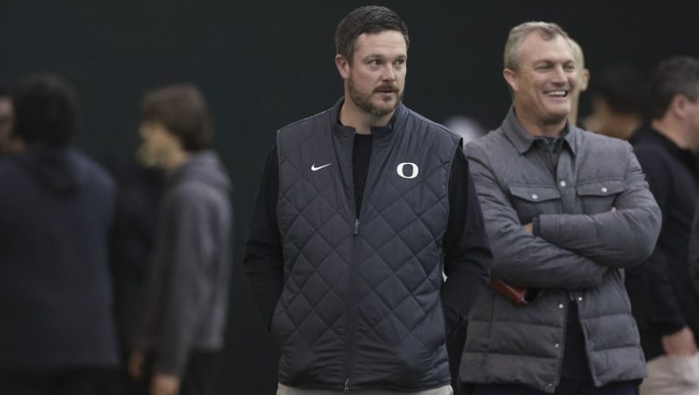 Oregon head coach Dan Lanning looks on during the school's NFL Pro Day, Tuesday, March 18, 2025, in Eugene, Ore.