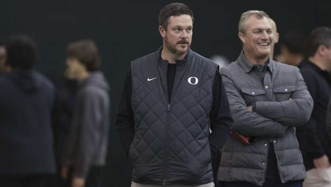 Oregon head coach Dan Lanning looks on during the school's NFL Pro Day, Tuesday, March 18, 2025, in Eugene, Ore.