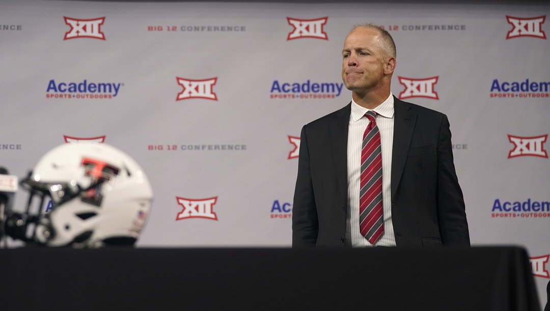 Texas Tech head coach Matt Wells looks out from the stage before speaking at the NCAA college football Big 12 media days in Arlington, Texas, in this Thursday, July 15, 2021, file photo. Texas Tech fired coach Matt Wells on Monday, Oct. 25, 2021, two days after the Red Raiders couldn't hold a two-touchdown halftime lead in a loss at home to Kansas State.