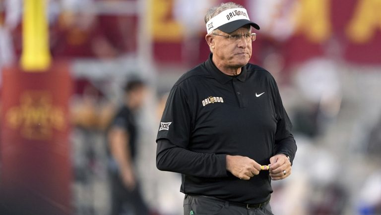 Central Florida head coach Gus Malzahn during warm ups before a NCAA college football game against Iowa State, Saturday, Oct. 19, 2024, in Ames, Iowa. Iowa State won 38-35.