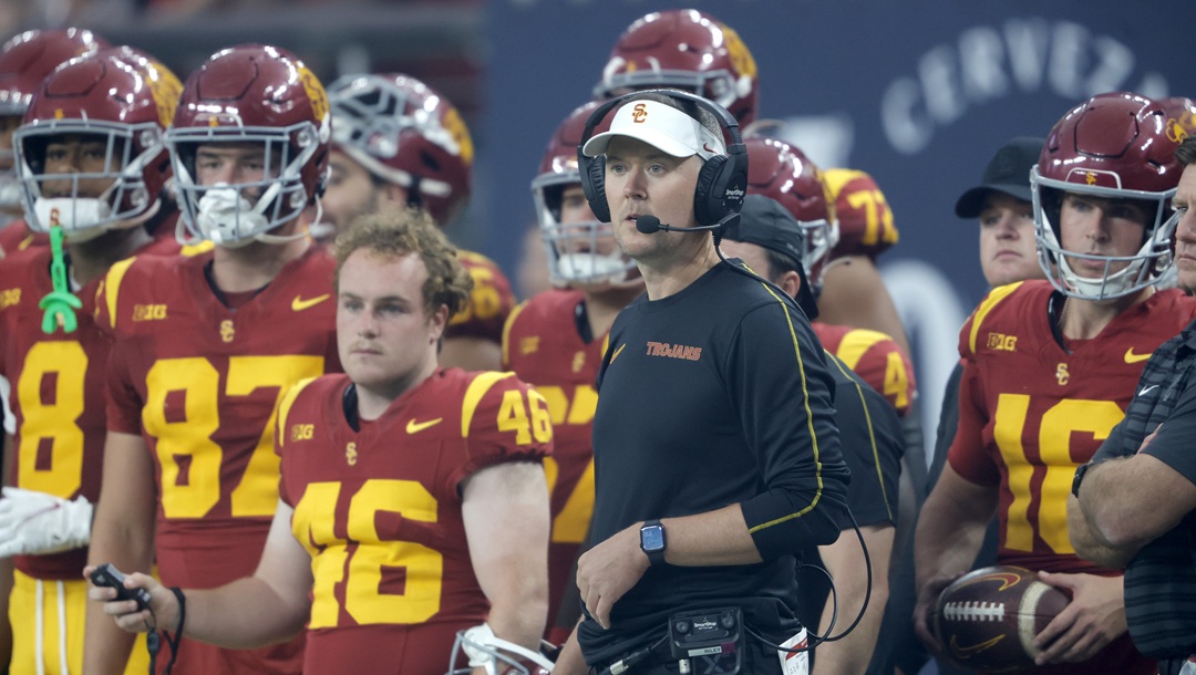 Southern California head coach Lincoln Riley watches a play during the first half of an NCAA college football game against LSU, Sunday, Sept. 1, 2024, in Las Vegas.