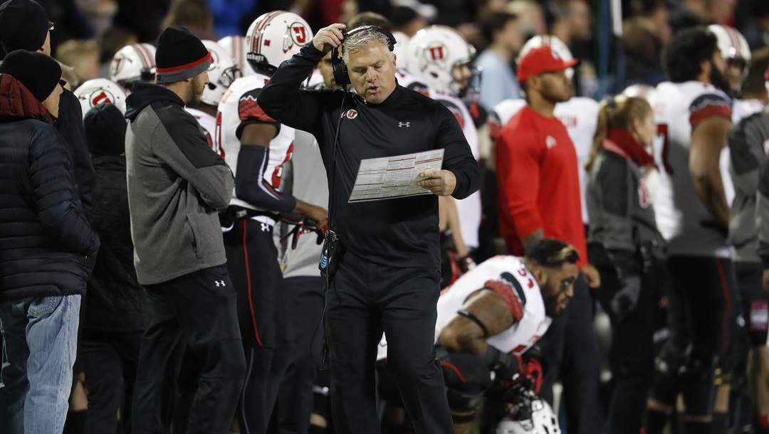 Utah Utes head coach Kyle Whittingham in the first half of an NCAA college football game Saturday, Nov. 26, 2016, in Boulder, Colo.