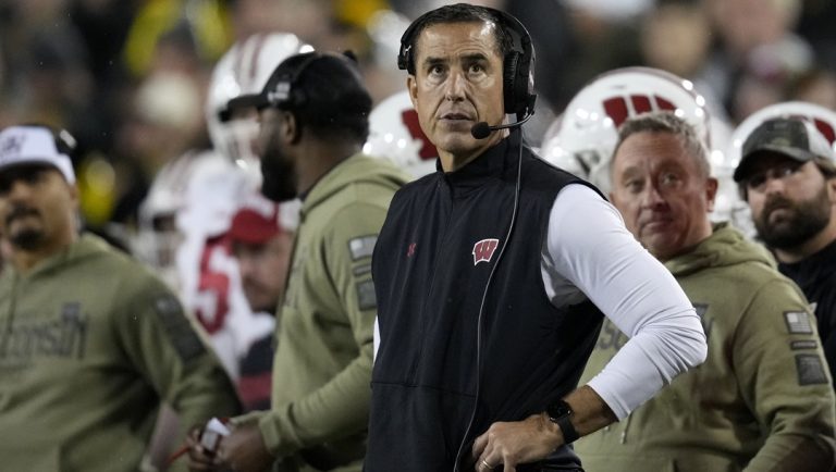 Wisconsin head coach Luke Fickell watches from the sideline during the second half of an NCAA college football game against Iowa, Saturday, Nov. 2, 2024, in Iowa City, Iowa. Iowa won 42-10.