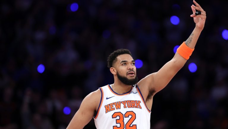 Karl-Anthony Towns #32 of the New York Knicks celebrates a basket against the Indiana Pacers during the second quarter in Game One of the Eastern Conference Finals of the 2025 NBA Playoffs at Madison Square Garden on May 21, 2025 in New York City.