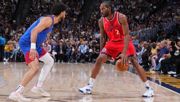 Kawhi Leonard #2 of the LA Clippers handles the ball during the game against the Denver Nuggets during Round 1 Game 7 of the 2025 NBA Playoffs on May 3, 2025 at Ball Arena in Denver, Colorado.