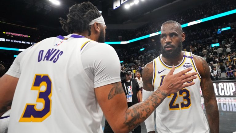 Anthony Davis #3 and LeBron James #23 of the Los Angeles Lakers high five during the game against the San Antonio Spurs during the Emirates NBA Cup game on November 15, 2024 at the Frost Bank Center in San Antonio, Texas.