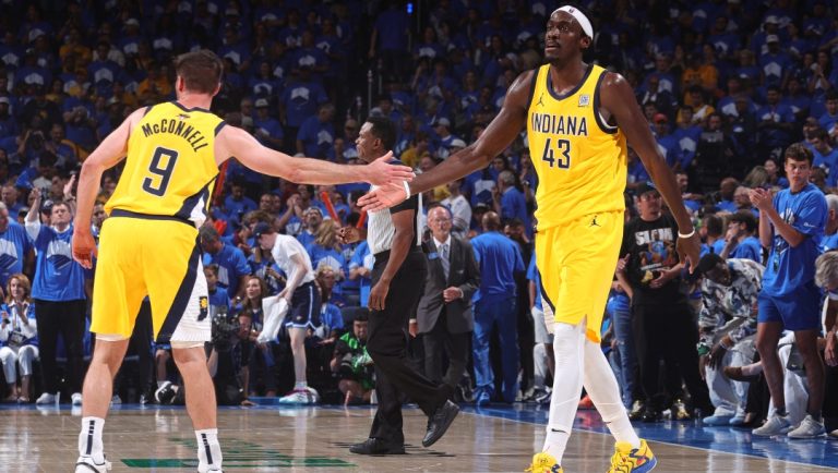 T.J. McConnell #9 and Pascal Siakam #43 of the Indiana Pacers high five during the game against the Oklahoma City Thunder during Game Seven of the 2025 NBA Finals on June 22, 2025 at Paycom Center in Oklahoma City, Oklahoma.