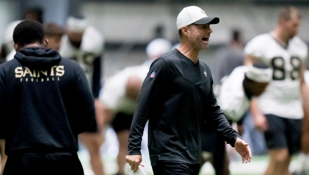 New Orleans Saints defensive coordinator Brandon Staley calls out during NFL football practice in Metairie, La., Thursday, May 22, 2025.