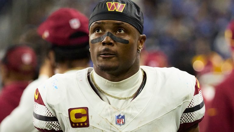 Washington Commanders wide receiver Terry McLaurin (17) looks on from the sideline during an NFL football divisional playoff game against the Detroit Lions, Saturday, Jan. 18, 2025, in Detroit.