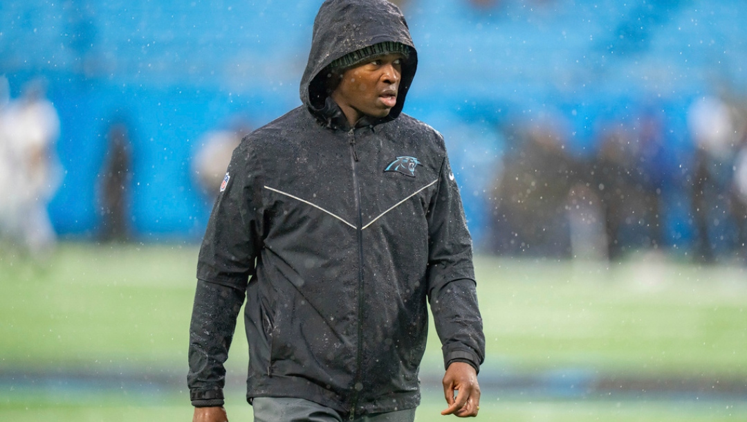 Carolina Panthers defensive coordinator Ejiro Evero looks on before an NFL football game against the Atlanta Falcons Sunday, Dec. 17, 2023, in Charlotte, N.C.
