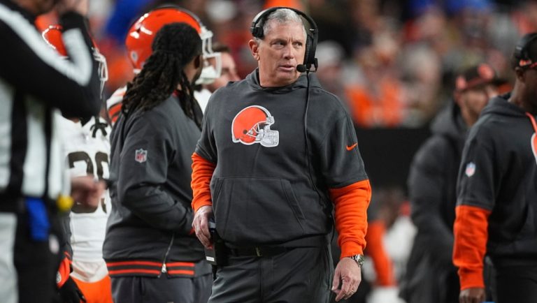 Cleveland Browns defensive coordinator Jim Schwartz looks on in the first half of an NFL football game Monday, Dec. 2, 2024, in Denver.