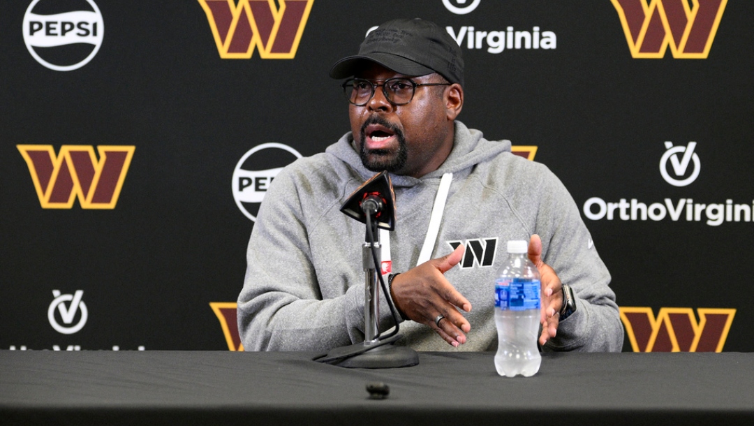 Washington Commanders defensive coordinator Joe Whitt Jr. talks to the media before NFL football practice, Wednesday, June 4, 2025, in Ashburn, Va.
