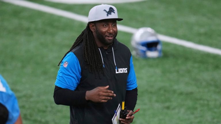 Detroit Lions defensive coordinator Kelvin Sheppard watches during an NFL football practice in Allen Park, Mich., Thursday, June 5, 2025.