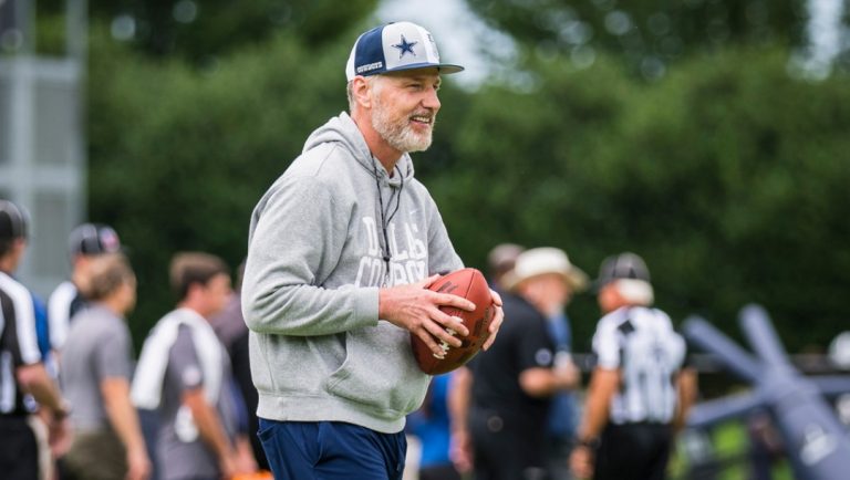 Dallas Cowboys defensive coordinator Matt Eberflus laughs during NFL football practice at the Cowboys facility, Tuesday, June 10, 2025, in Frisco, Texas.