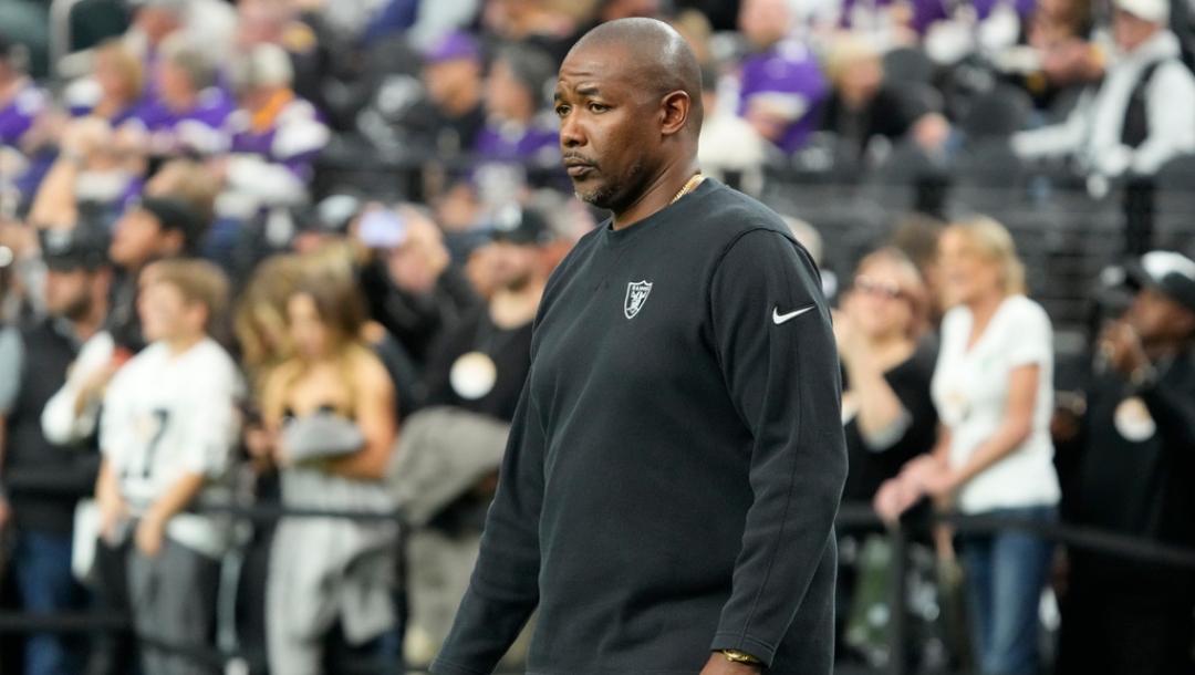Las Vegas Raiders defensive coordinator Patrick Graham during the first half of an NFL football game against the Minnesota Vikings, Sunday, Dec. 10, 2023, in Las Vegas.