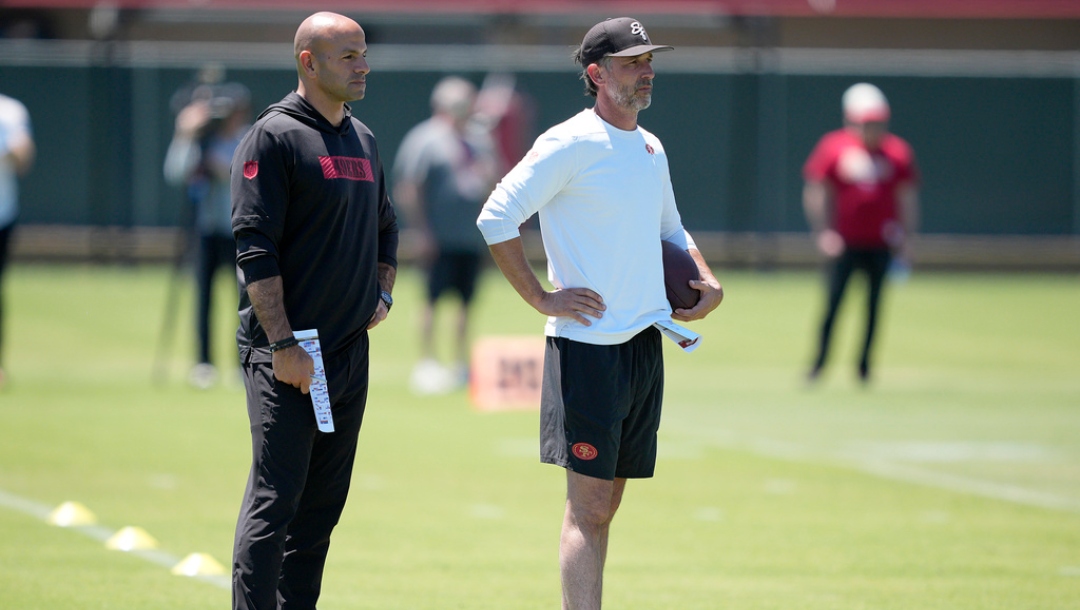 San Francisco 49ers defensive coordinator Robert Saleh left, and head coach Kyle Shanahan, right, watch players take part in drills during the NFL football team's rookie minicamp in Santa Clara, Calif., Friday, May 9, 2025.