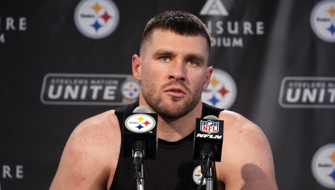 Pittsburgh Steelers linebacker T.J. Watt listens to a reporter's question following an NFL football game against the Kansas City Chiefs, Wednesday, Dec. 25, 2024, in Pittsburgh.