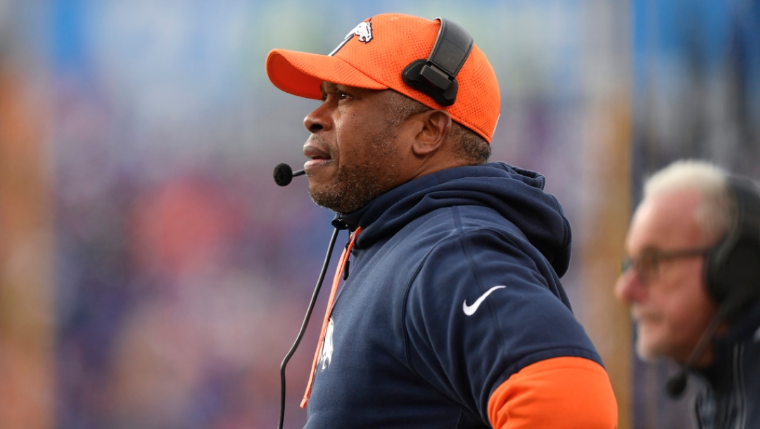 Denver Broncos defensive coordinator Vance Joseph watches play during the second half of an NFL football wild card playoff game against the Buffalo Bills in Orchard Park, N.Y., Sunday, Jan. 12, 2025.