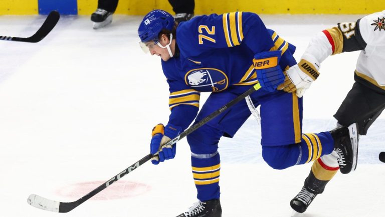 Buffalo Sabres center Tage Thompson (72) carries the puck during the third period of an NHL hockey game against the Vegas Golden Knights Saturday, March 15, 2025, in Buffalo, N.Y.