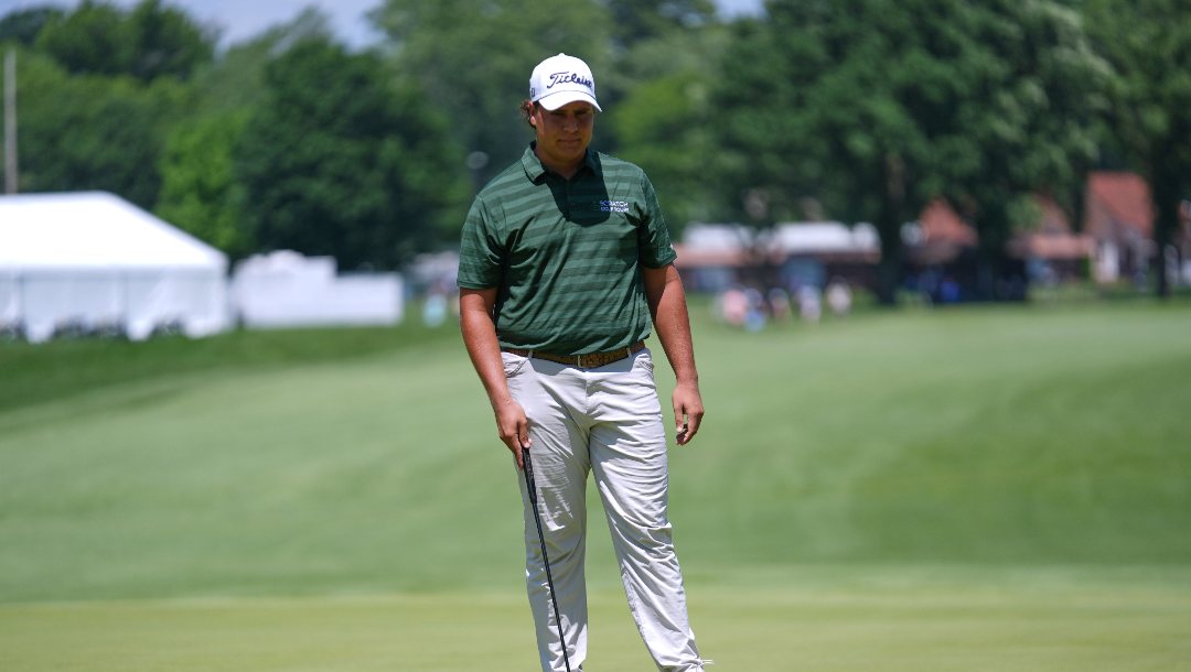 Aldrich Potgieter, of South Africa, prepares for a putt on the third green during the final round of the Rocket Classic golf tournament at Detroit Golf Club, Sunday, June 29, 2025, in Detroit.