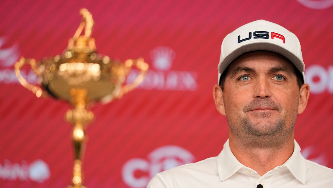 Keegan Bradley participates in a news conference in New York, Tuesday, July 9, 2024. Bradley was introduced as the U.S. Ryder Cup captain for 2025.