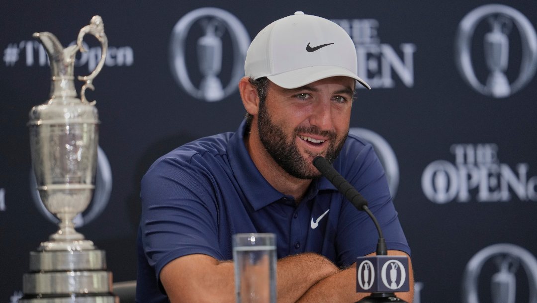 Scottie Scheffler of the United States speak at a press conference after winning the British Open golf championship at the Royal Portrush Golf Club, Northern Ireland, Sunday, July 20, 2025.