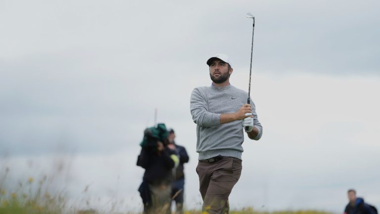 Scottie Scheffler of the United States plays from the rough on the 2nd hole during the first round of the British Open golf championship at the Royal Portrush Golf Club, Northern Ireland, Thursday, July 17, 2025.