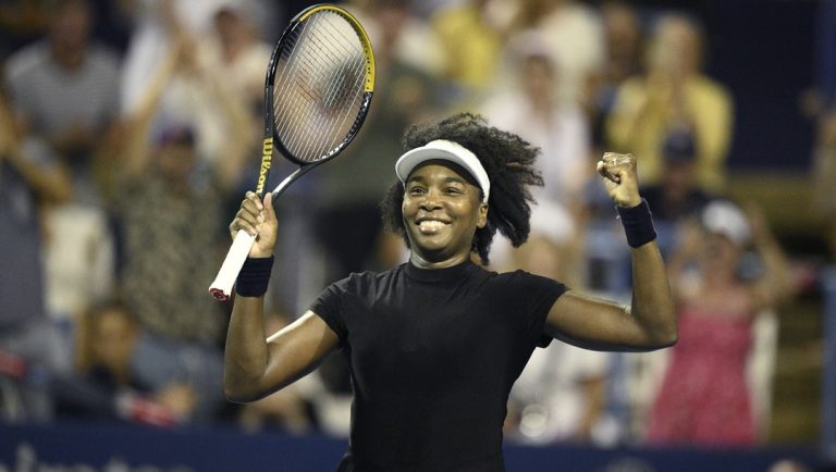 Venus Williams celebrates after defeating Peyon Stearns in their first-round match at the Washington Open on Tuesday, July 22, 2025.
