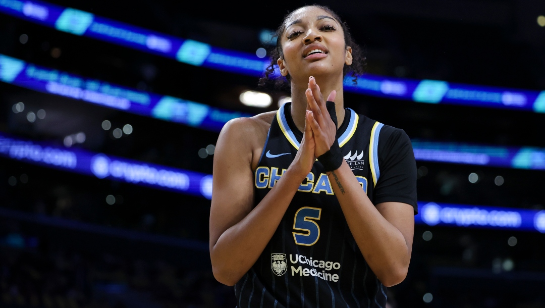 Chicago Sky forward Angel Reese reacts after a foul call during the second half of a WNBA basketball game against the Los Angeles Sparks, Sunday, June 29, 2025, in Los Angeles.