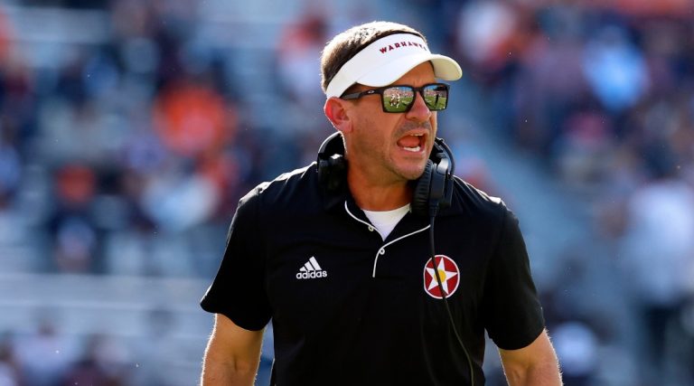 Louisiana Monroe head coach Bryant Vincent reacts to a play during the second half of an NCAA college football game against Auburn, Saturday, Nov. 16, 2024, in Auburn, Ala. (AP Photo/ Butch Dill)