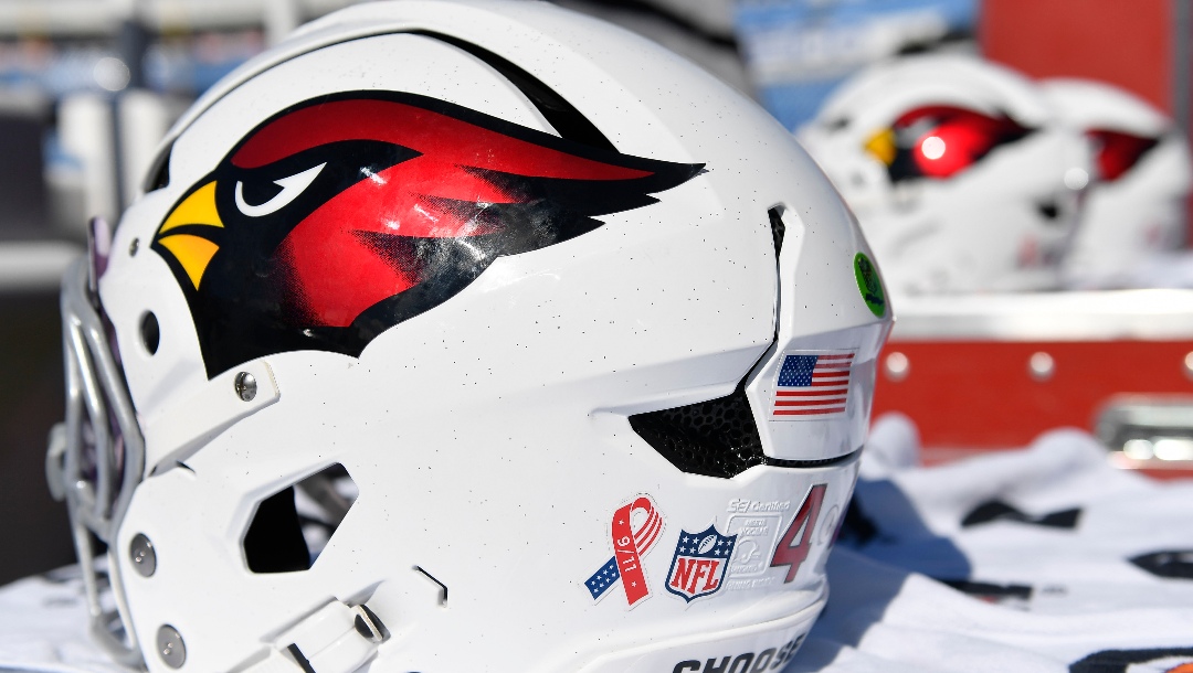 A detail view of an Arizona Cardinals helmet with a 9/11 decal before an NFL football game against the Buffalo Bills in Orchard Park, N.Y., Sunday, Sept. 8, 2024. (AP Photo/Adrian Kraus)