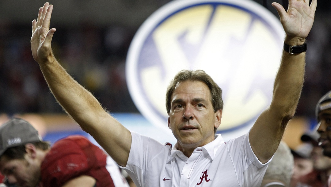 In this photo taken on Dec. 5, 2009, Alabama coach Nick Saban reacts following a 32-13 win over Florida in the NCAA Southeastern Conference championship football game at the Georgia Dome in Atlanta. The University of Alabama won its bet on Nick Saban. In fact the $32 million gamble paid off better than anyone could have hoped. Despite a recession, records show Alabama football turned a $38.2 million profit in the last academic year.