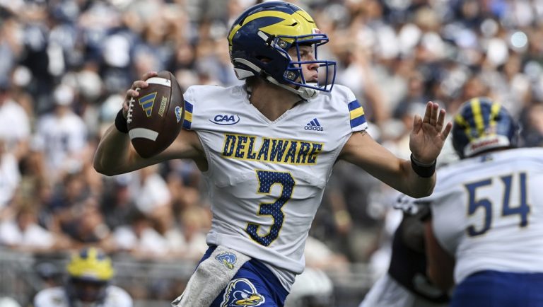Delaware quarterback Zach Marker (3) looks to pass during the first half of an NCAA college football game against Penn State, Saturday, Sept. 9, 2023, in State College, Pa.