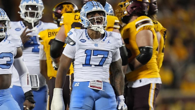 North Carolina linebacker Amare Campbell (17) celebrates after sacking Minnesota quarterback Max Brosmer during the first half of an NCAA college football game Thursday, Aug. 29, 2024, in Minneapolis.