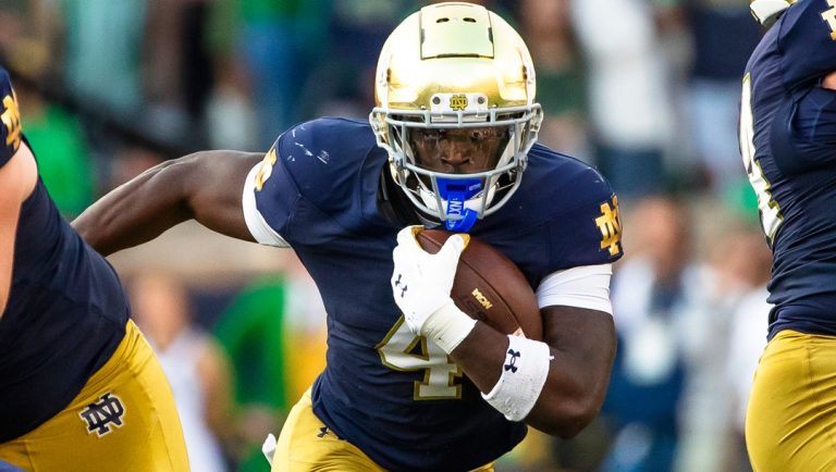 Notre Dame running back Jeremiyah Love (4) runs the ball during the second half of an NCAA college football game against Stanford, Saturday, Oct. 12, 2024, in South Bend, Ind.