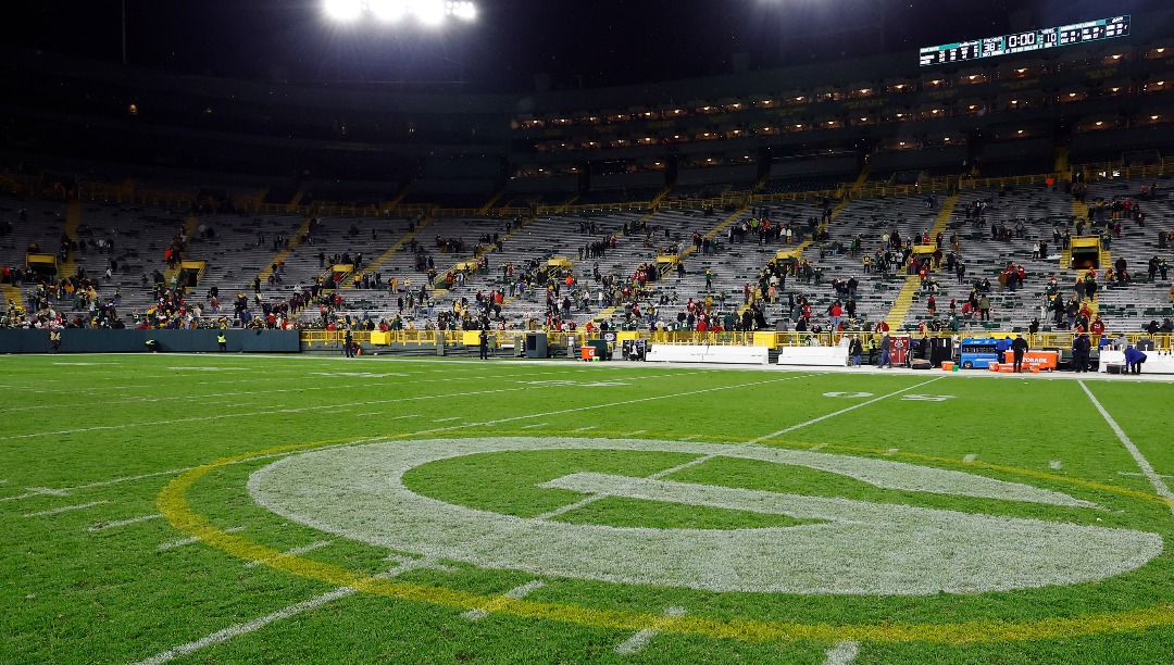 An overall field level view of the center Green Bay Packers logo at Lambeau Field after an NFL football game between the Green Bay Packers and the San Francisco 49ers, Sunday, Nov. 24, 2024, in Green Bay, Wis. (AP Photo/Tyler Kaufman)