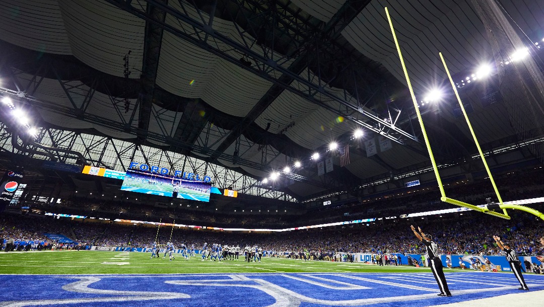 General view as the Seattle Seahawks kick a point after against the Detroit Lions during an NFL football game at Ford Field in Detroit, Sunday, Oct. 28, 2018.