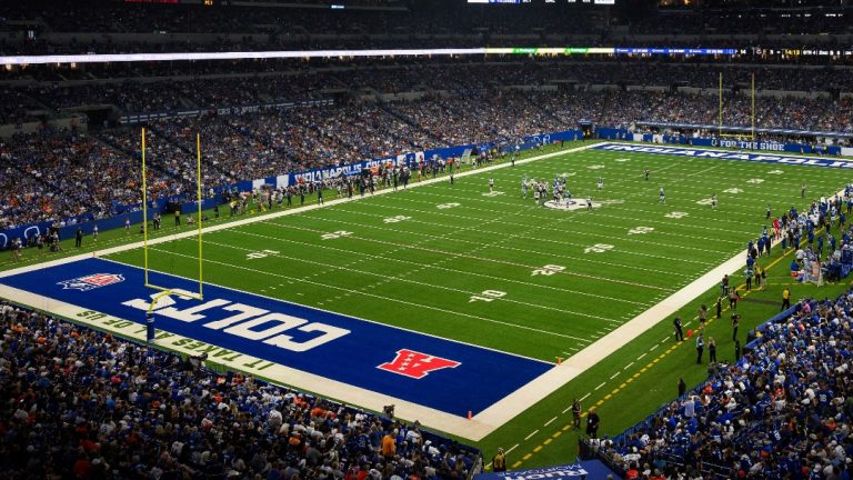 A general overall interior view of Lucas Oil Stadium as Chicago Bears take on the Indianapolis Colts during an NFL football game, Sunday, Sept. 22, 2024, in Indianapolis. The Colts defeated the Bears 21-16. (AP Photo/Zach Bolinger)