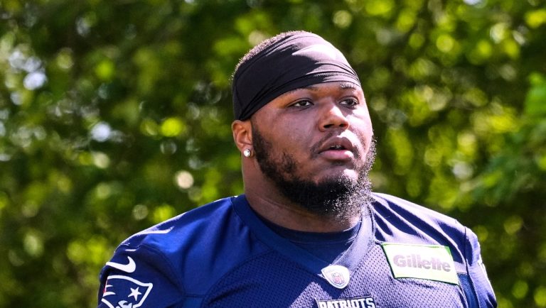 New England Patriots defensive end Milton Williams (97) at the team's NFL football training camp, Wednesday, July 23, 2025, in Foxborough, Mass. (AP Photo/Charles Krupa)