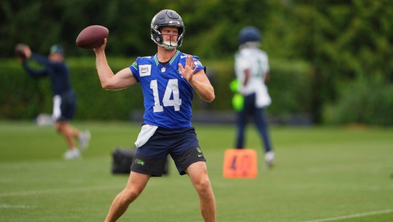 Seattle Seahawks quarterback Sam Darnold throws during the NFL football team's training camp Saturday, July 26, 2025, in Renton, Wash.