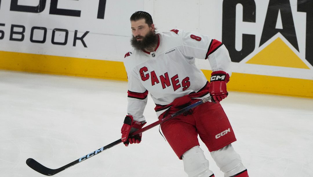 Carolina Hurricanes defenseman Brent Burns (8) warms up before Game 4 of the NHL hockey Stanley Cup Eastern Conference finals against the Florida Panthers, Monday, May 26, 2025, in Sunrise, Fla.