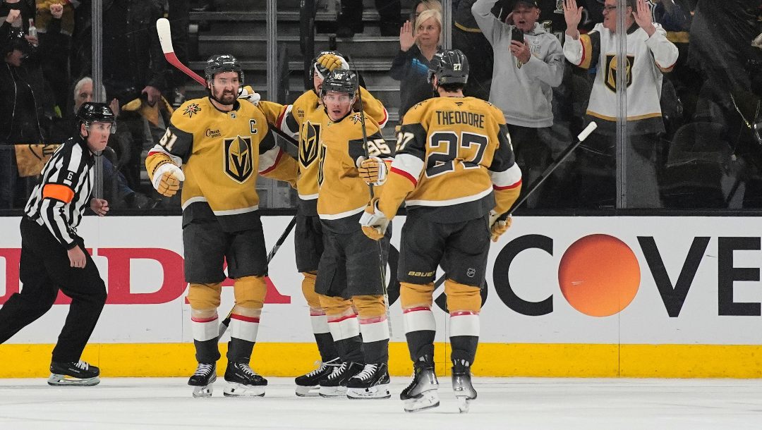 Vegas Golden Knights right wing Victor Olofsson (95) celebrates after scoring against the Edmonton Oilers during the first period of Game 2 of a second-round NHL hockey playoff series Thursday, May 8, 2025, in Las Vegas.