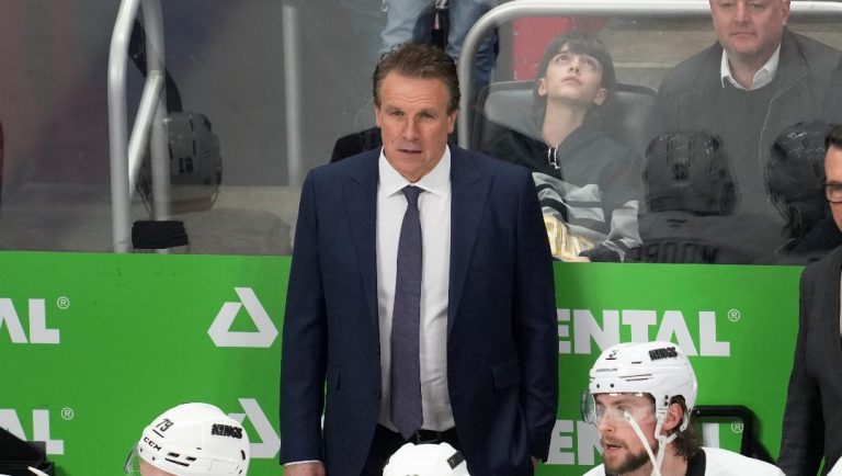 Los Angeles Kings head coach Jim Hiller watches against the Detroit Red Wings in the third period of an NHL hockey game Monday, Jan. 27, 2025, in Detroit.