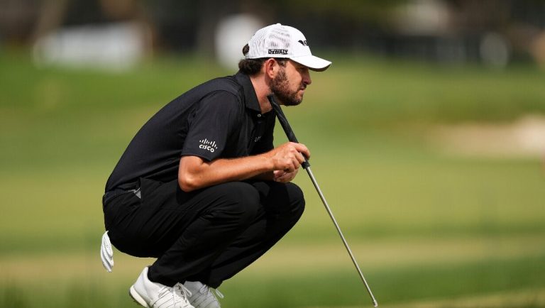 Patrick Cantlay prepares to putt on the 15th hole during the final round of the Truist Championship golf tournament at the Philadelphia Cricket Club, Sunday, May 11, 2025, in Flourtown.