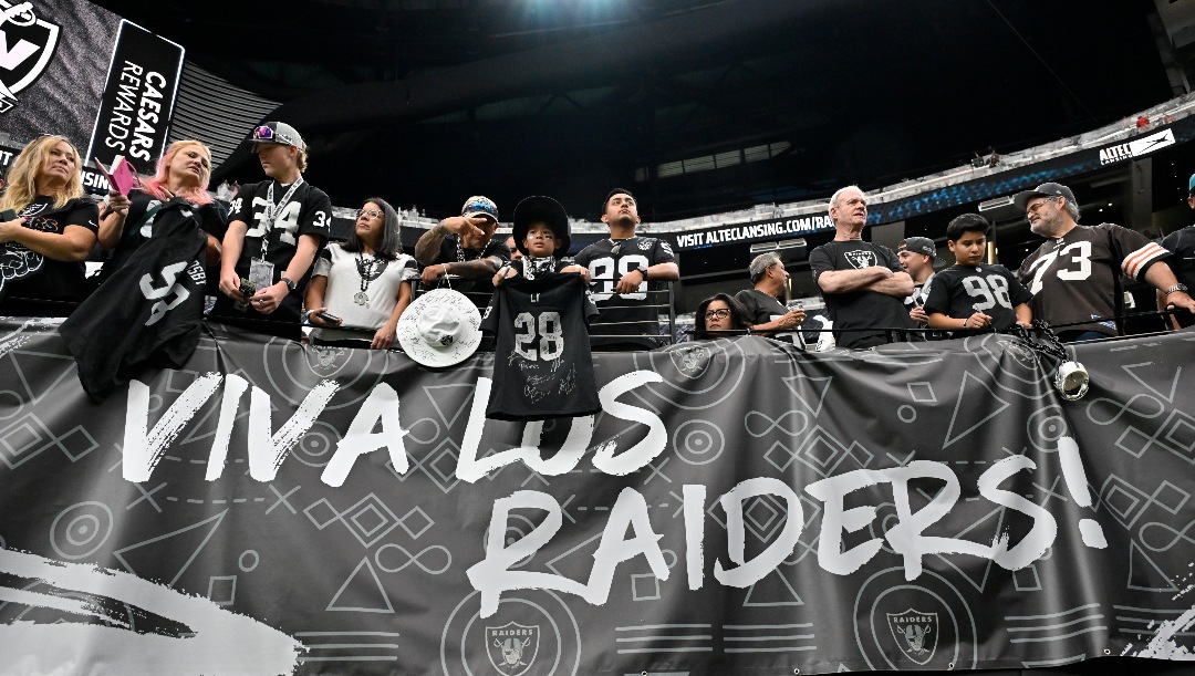 Las Vegas Raiders fans look on before an NFL football game between the Raiders and the Cleveland Browns Sunday, Sept. 29, 2024, in Las Vegas. (AP Photo/David Becker)