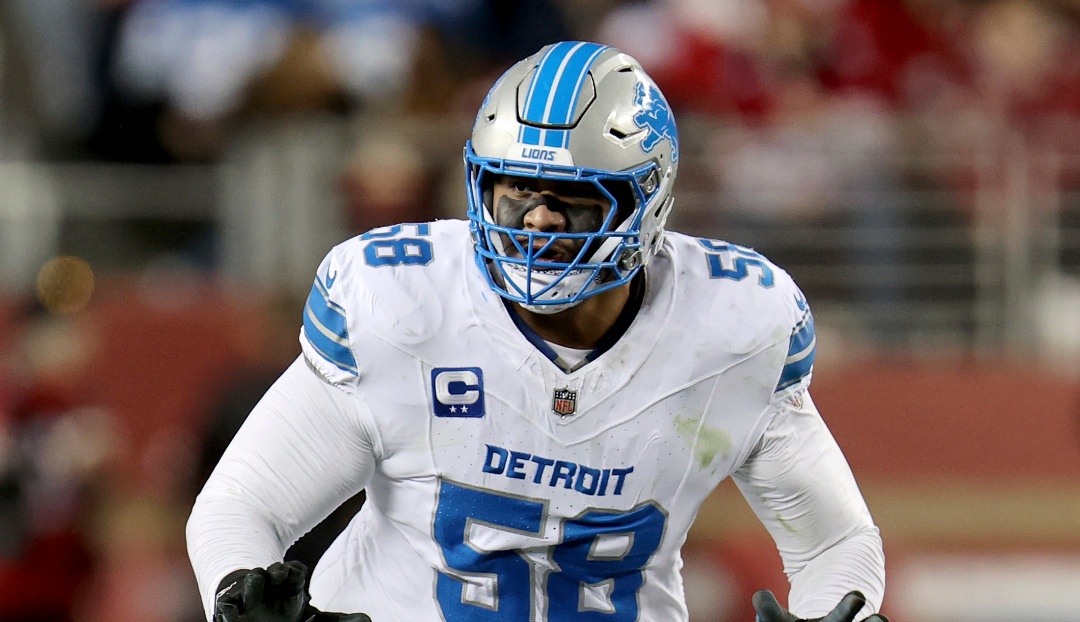 Detroit Lions offensive tackle Penei Sewell (58) blocks during an NFL football game against the San Francisco 49ers, Monday, Dec 30, 2024, in Santa Clara, Calif. (AP Photo/Scot Tucker)