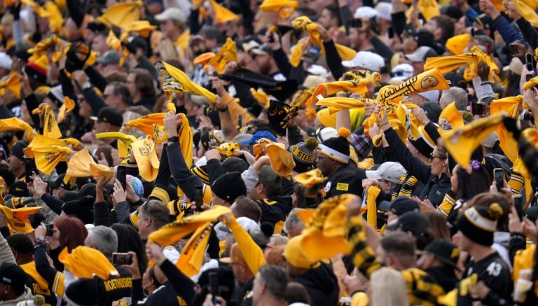 Pittsburgh Steelers fans wave their Terrible Towels during the first half of an NFL football game between the Pittsburgh Steelers and the Baltimore Ravens, Sunday, Nov. 17, 2024, in Pittsburgh. (AP Photo/Gene J. Puskar)
