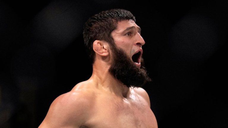 Khamzat Chimaev celebrates his win over Robert Whittaker in a middleweight mixed martial arts bout at UFC Fight Night.