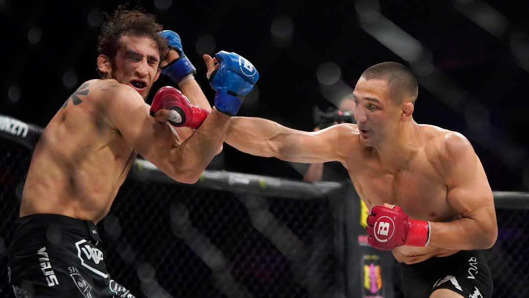Aaron Pico, right, punches Adli Edwards during a bout at the Bellator 277 mixed martial arts event in San Jose, Calif., Friday.