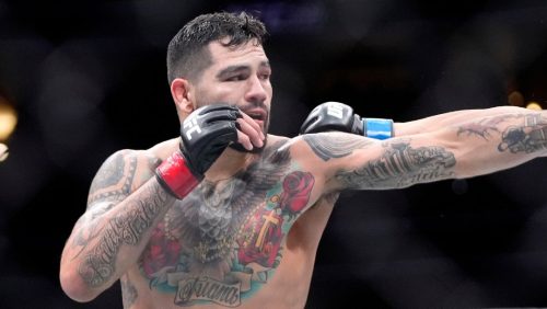 Anthony Hernandez, left, connects with Roman Kopylov during their middleweight bout at the UFC 298 mixed martial arts event.